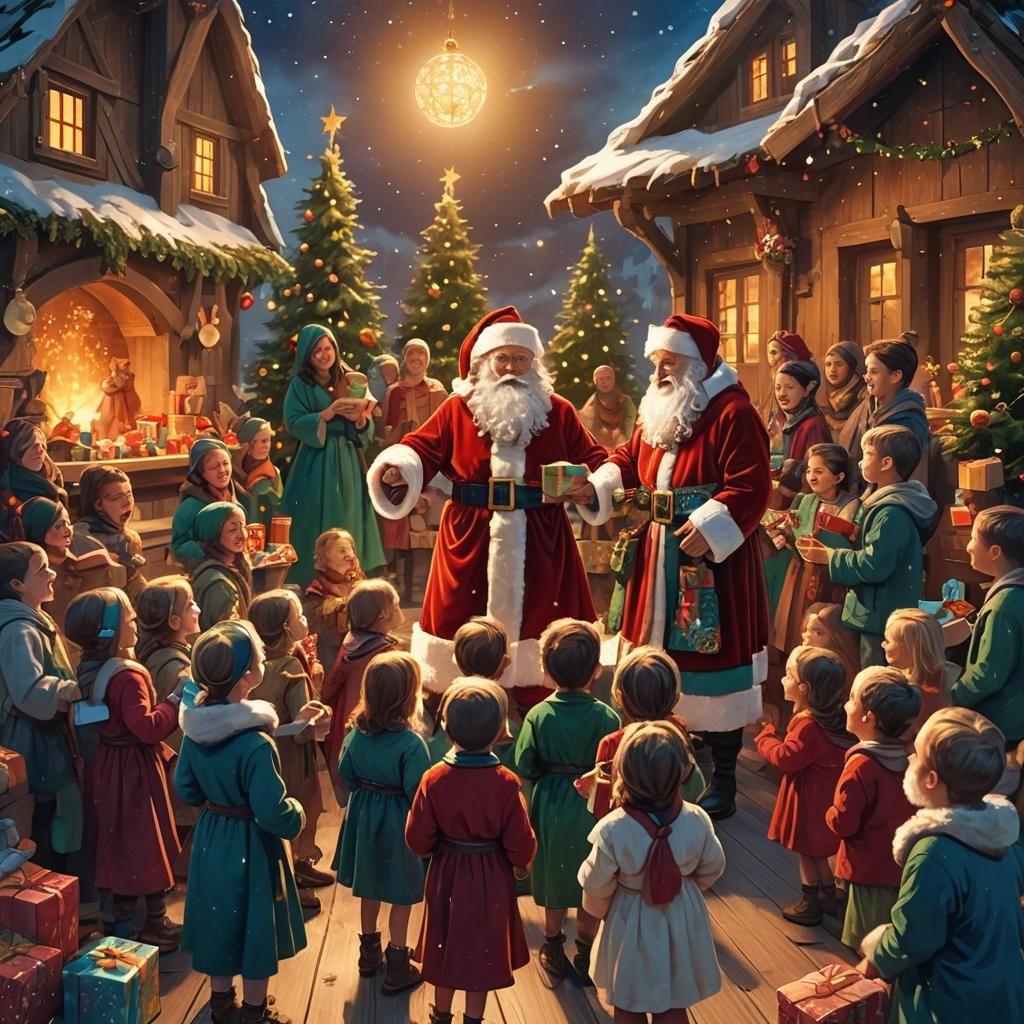 Festive Father Christmas Gift-Giving in Vibrant Fantasy Art