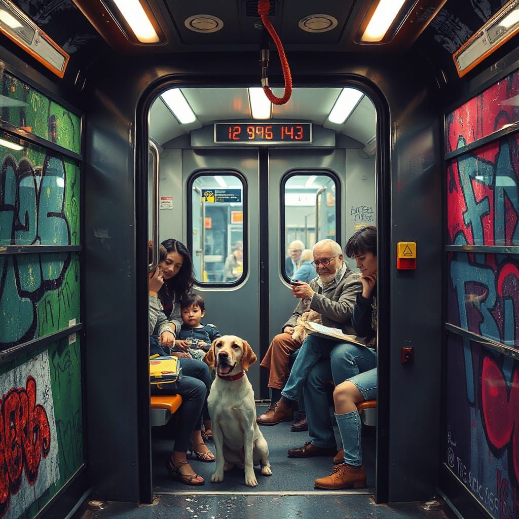 Vibrant Metro Carriage Scene in Hyperrealistic Style