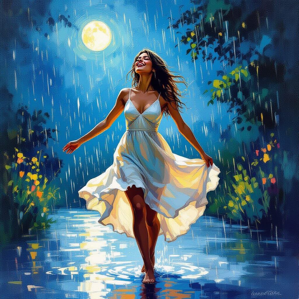 Woman Dancing in Summer Rain: An Impressionist Gouache Paint...