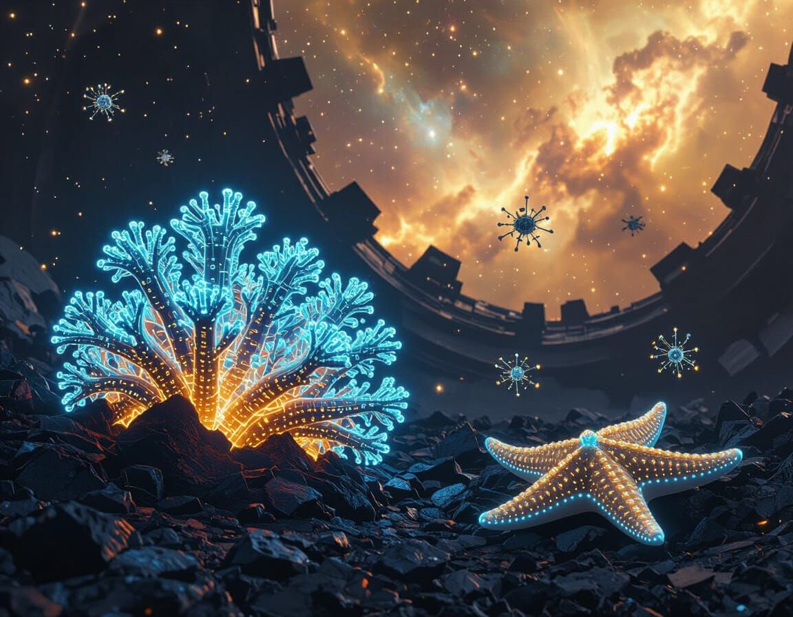 Bioluminescent Quantum Coral Reef on Dyson Sphere Fragment