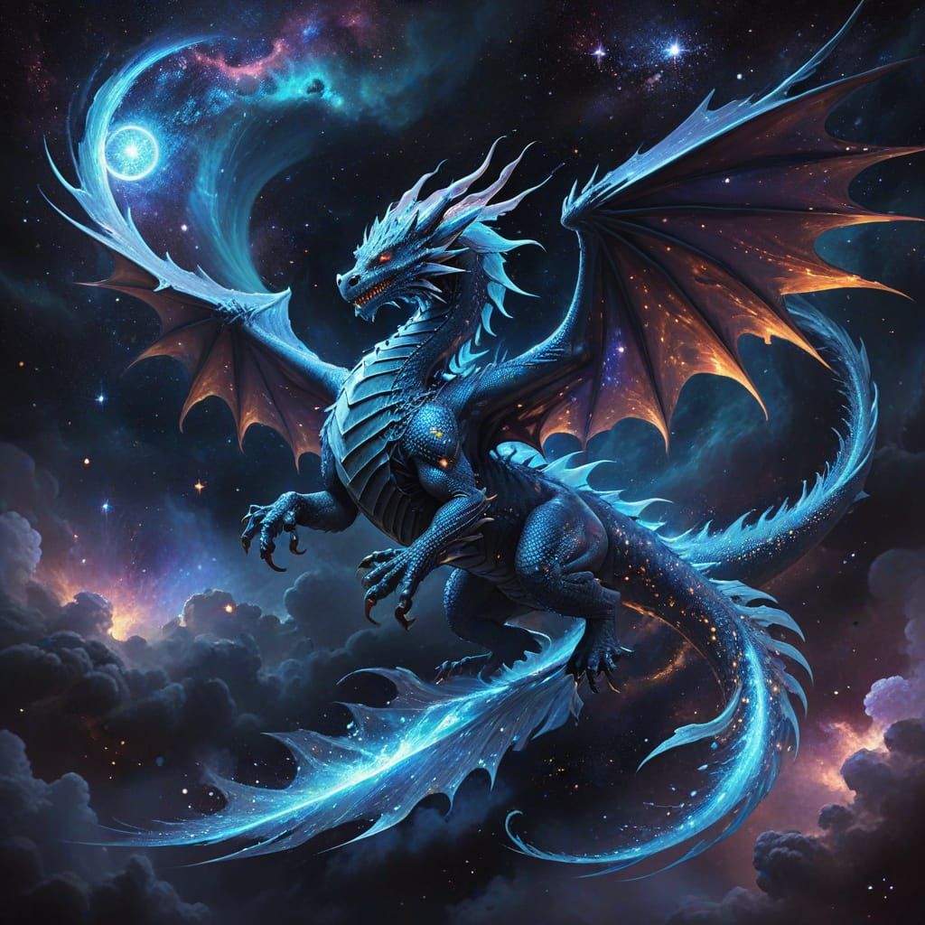 A celestial ice dragon soaring through a nebula filled with swirling stardust and shimmering galaxies, its scales reflec...