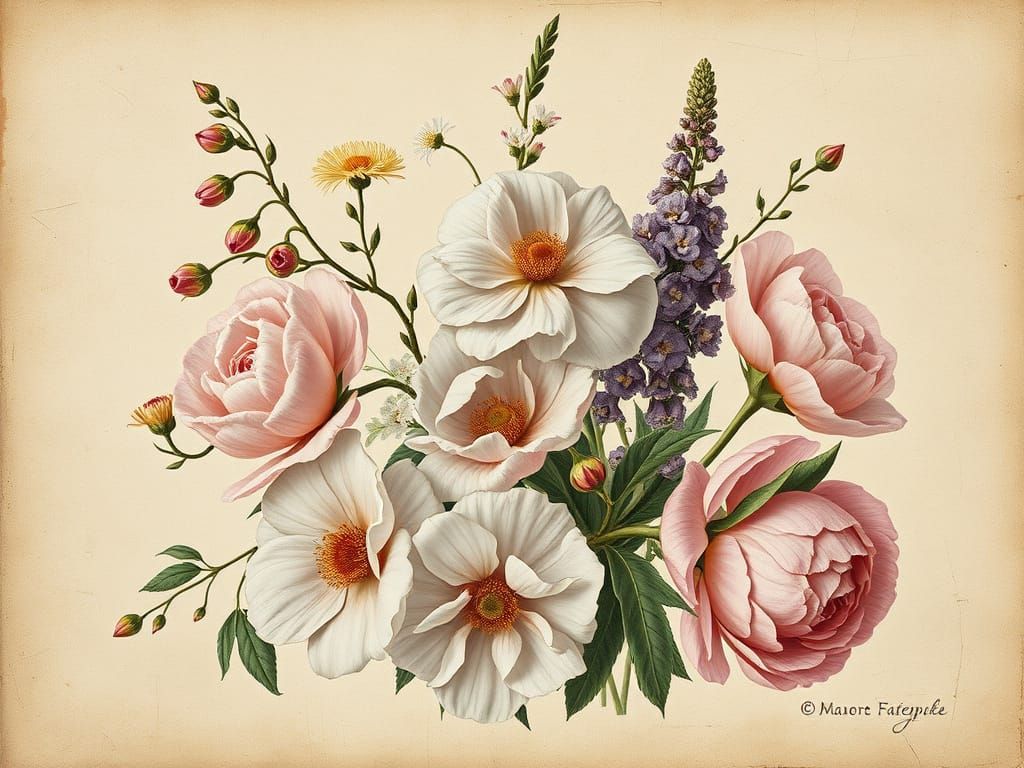 Vintage Botanical Study of Heirloom Flowers