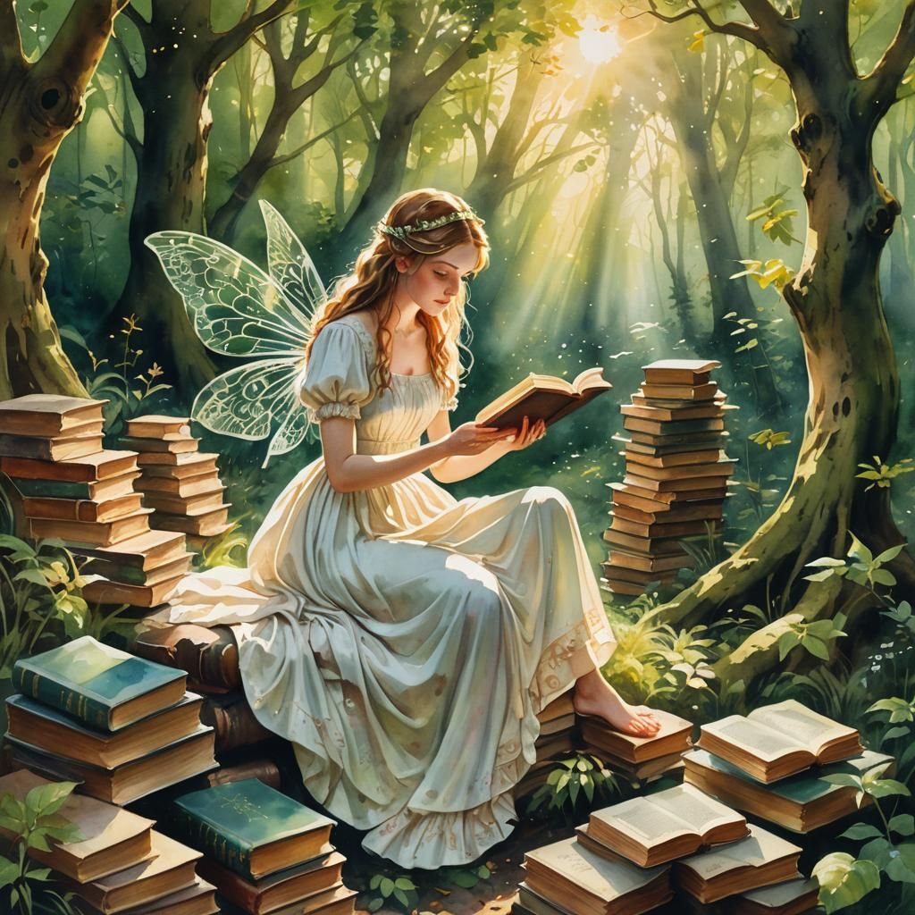 Enchanting Fairy Reads in Forest Library, Watercolour Oil Pa...