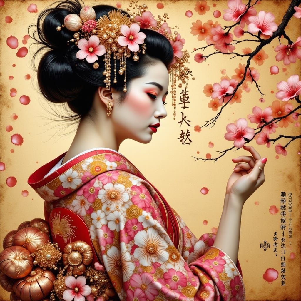 Retro Futuristic Japanese Geisha in Golden Hues