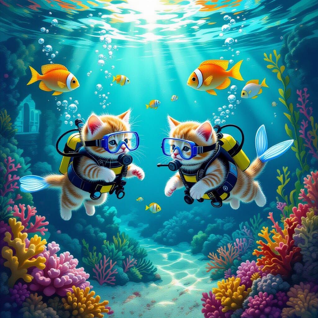 Kittens Scuba Diving in Aquarium, Blending Realism and Fanta...