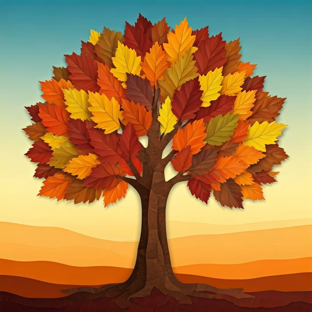 Majestic Autumn Tree Composed of Layered Paper Leaves