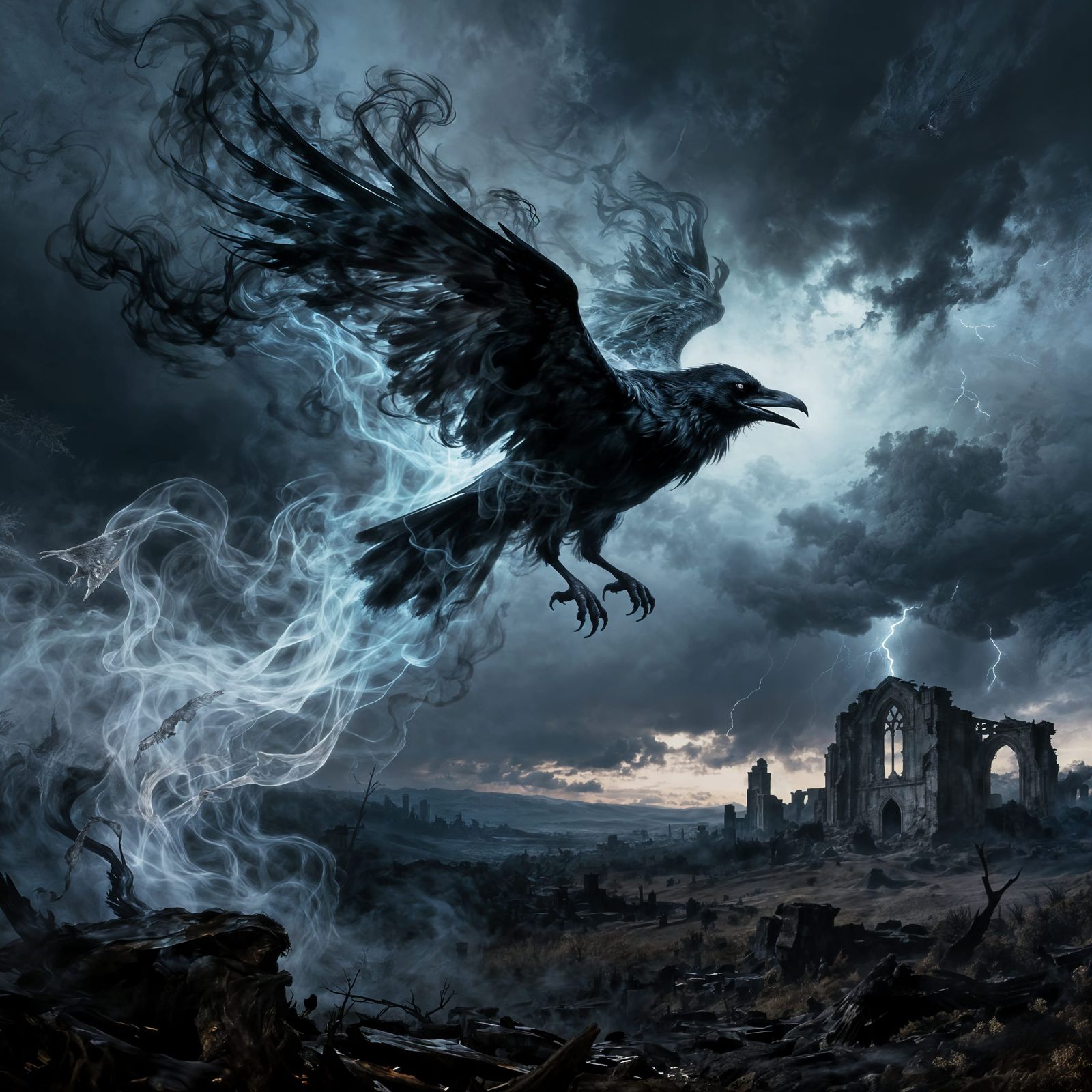 Ghostly Raven Materializing from Mist and Shadow