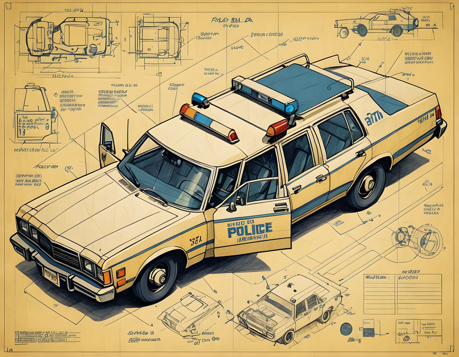 Hand-Drawn Blueprints of 1970s Police Car