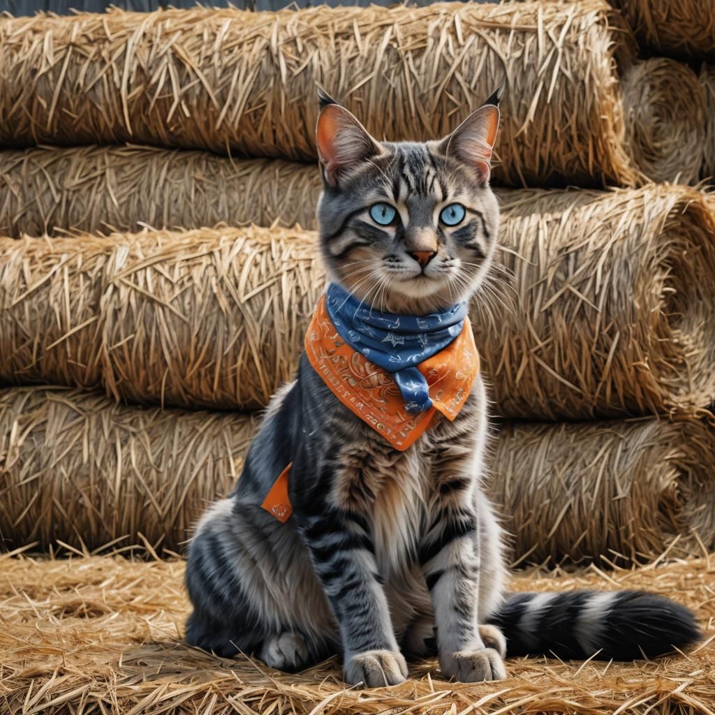 Dappled Tomcat with Bandana in Hay Field
