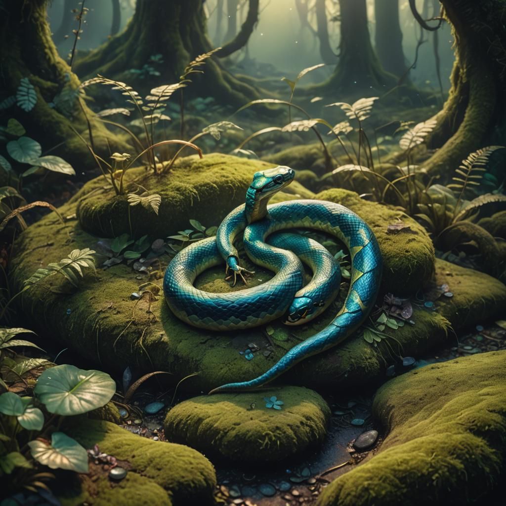 Miniature Snake Hybrid Crawling in Mystical Forest
