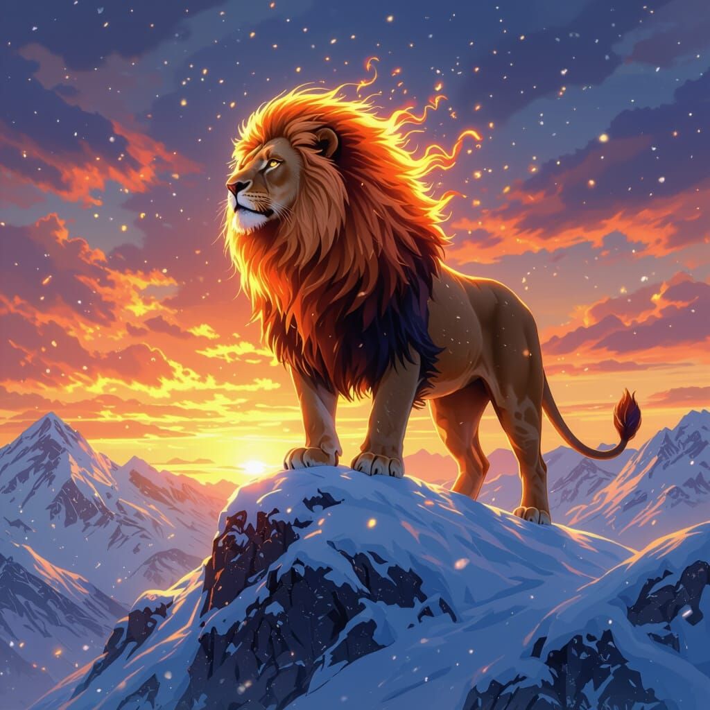Majestic Lion on Snowy Peak at Sunset