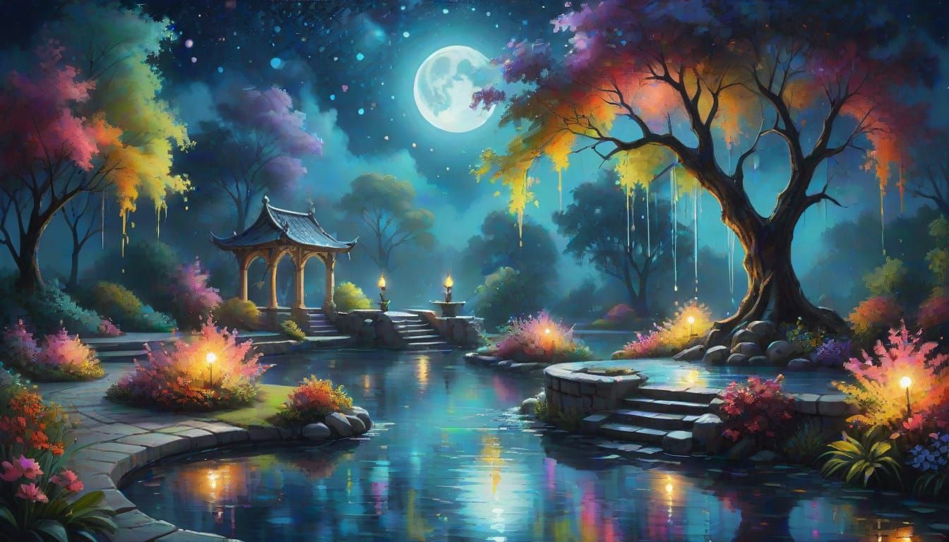 Glowing Fountain in Moonlit Courtyard: Surreal Oil Painting