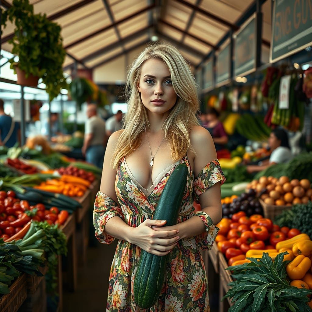 Woman Hugging Cucumber in Hyperrealistic Market Scene