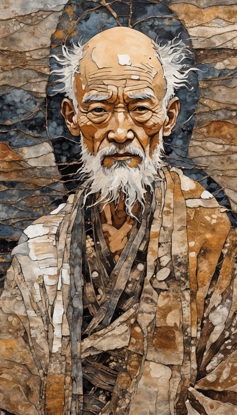 weathered, ancient wisdom portrait, Miyagawa Choshun woven e...