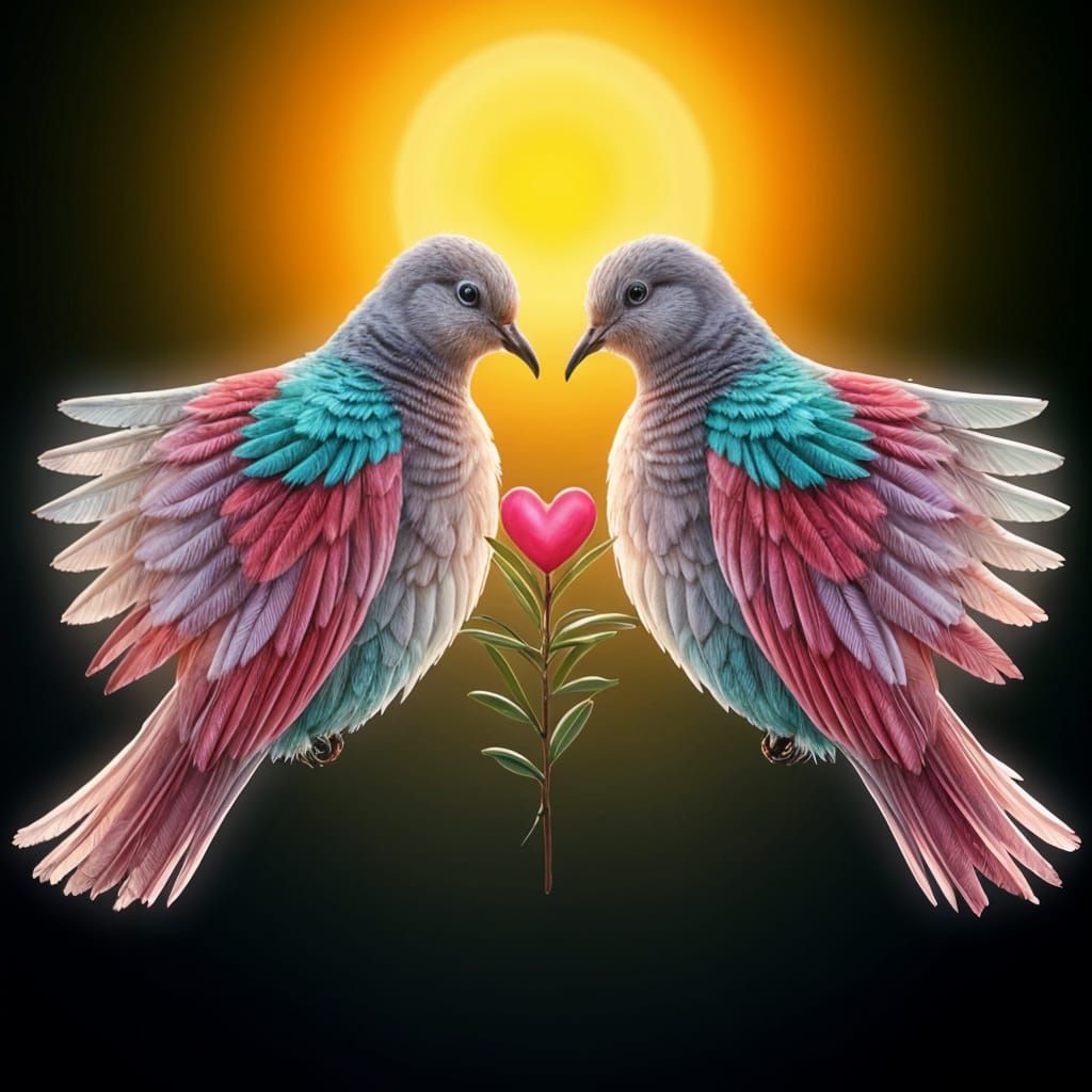 Love Doves Form Heart with Sun in Cyberpunk Neon Feathers
