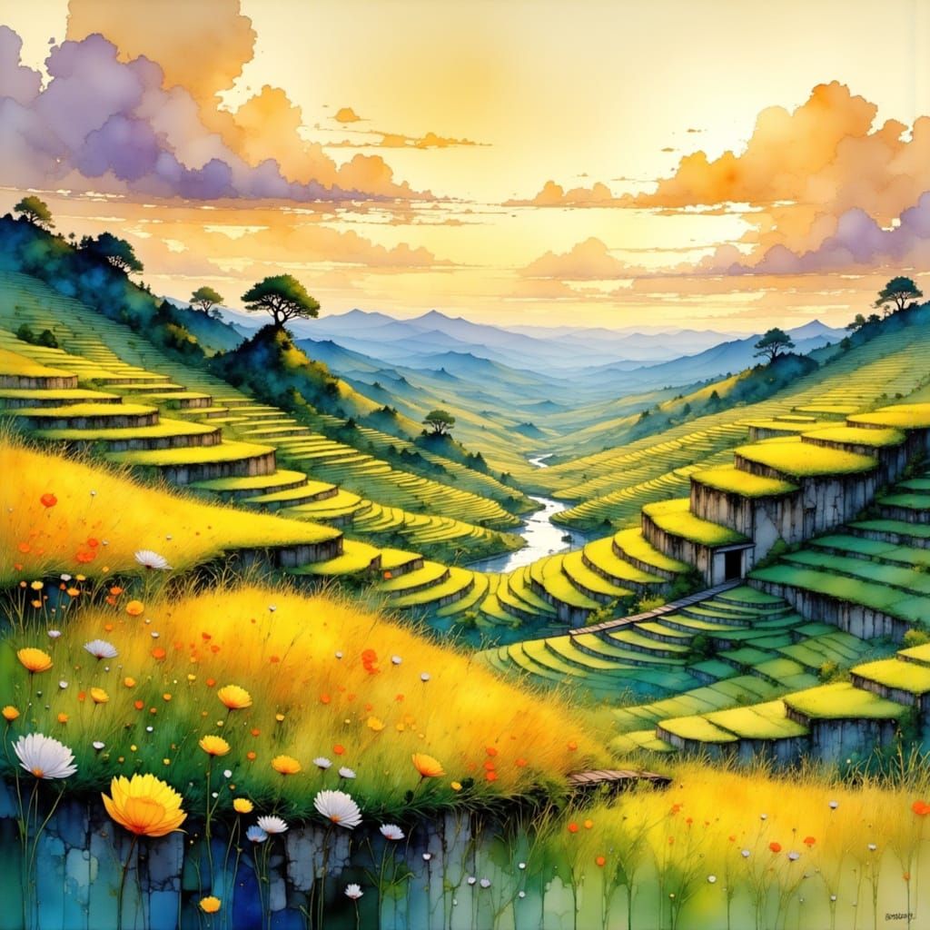 <lora:Flux - Painterly:1.0> <lora:Akimora:1.0> Lush, terrace...