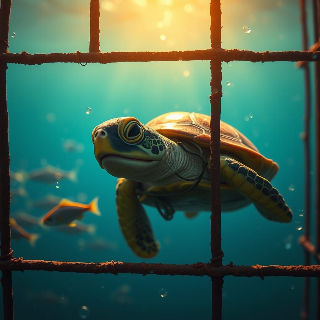 Underwater Turtle Peeking from Behind Bars