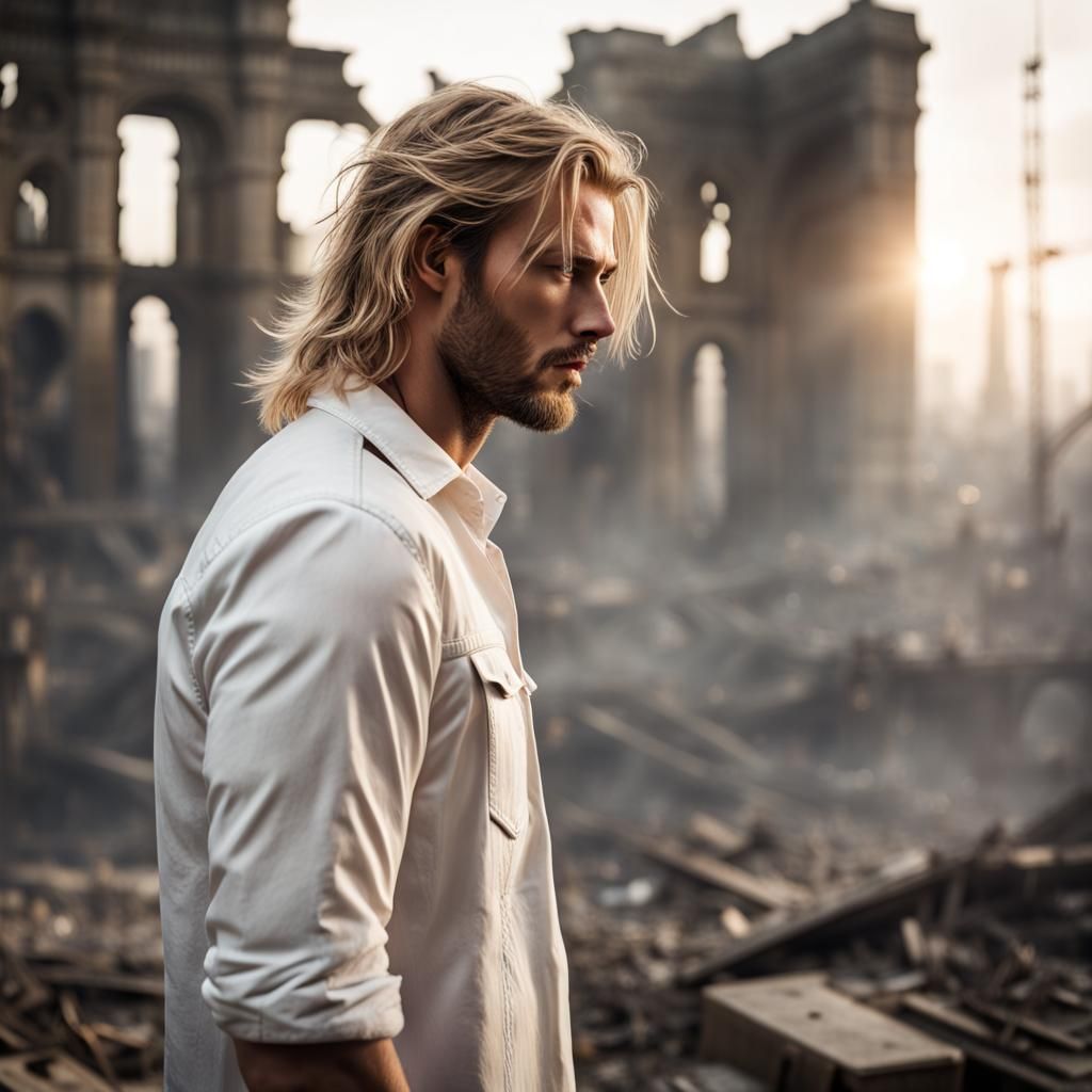 Post-Apocalyptic City View with Blond Man