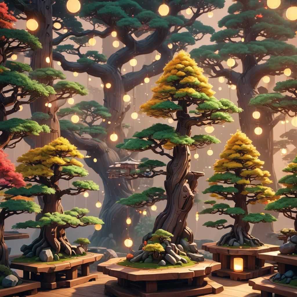 Vibrant 3D Anime Bonsai Trees with Twinkling Lights