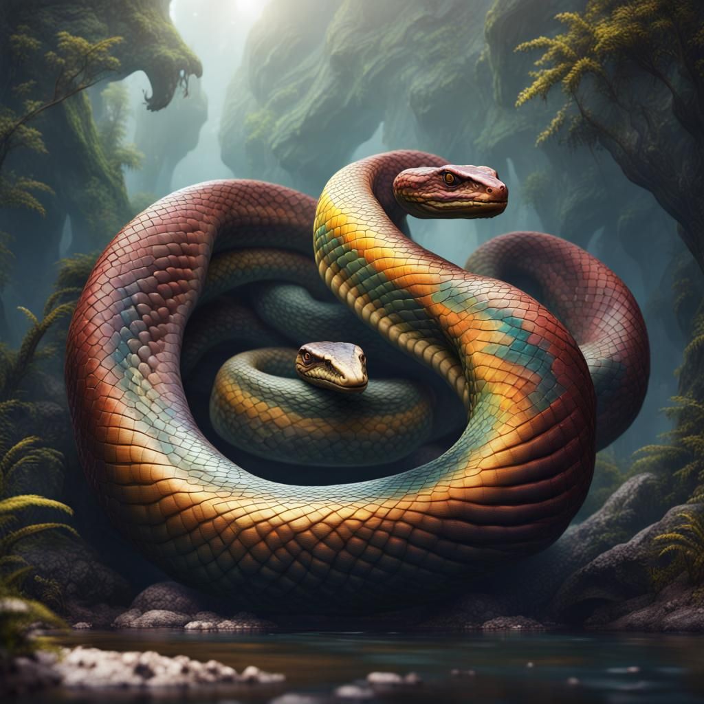 Fantastical Multicolored Giant Snake in Detailed Painting