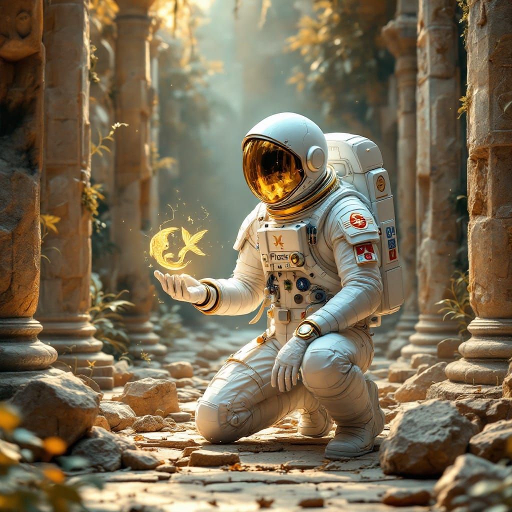 Ethereal Astronaut Amidst Ancient Ruins in Stylized Pisces C...