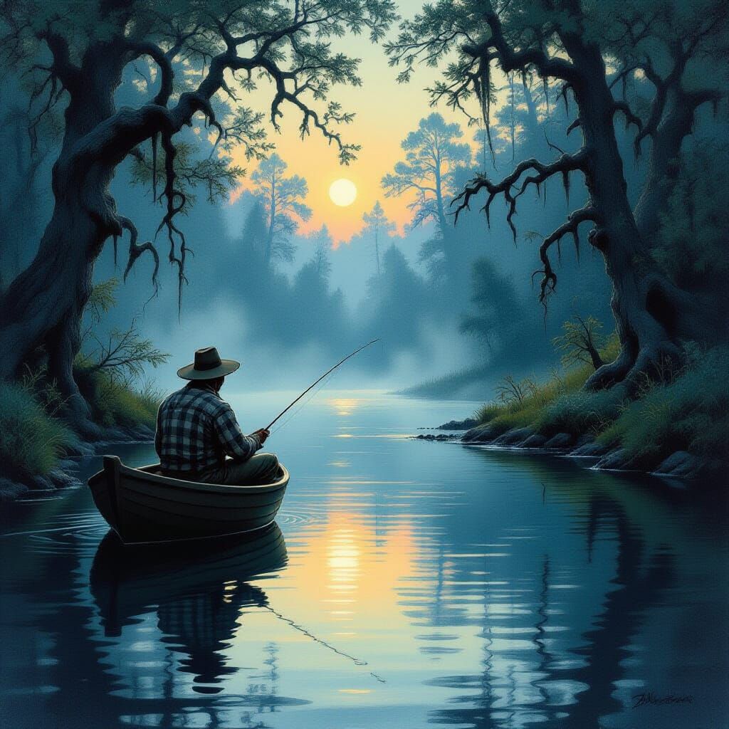 Misty Twilight Fisherman, Storybook Illustration