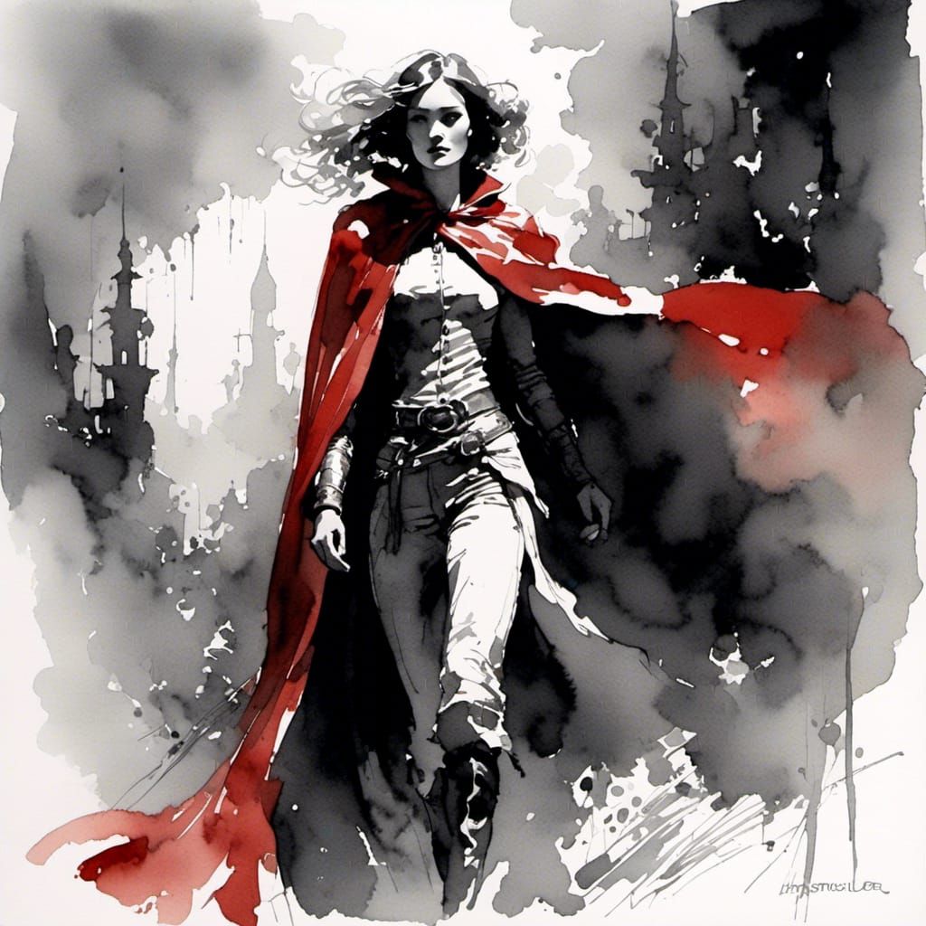 Woman in Red Cape, Black and White Watercolor