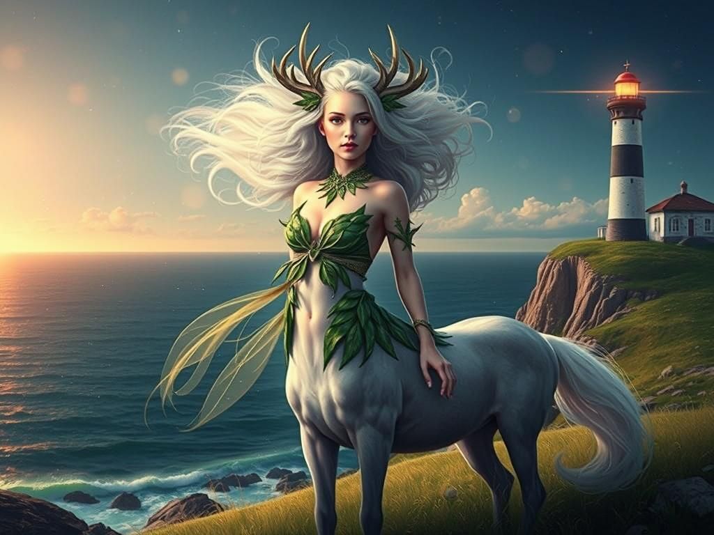 Ethereal Centaur Overlooking Lighthouse: Fantasy Art