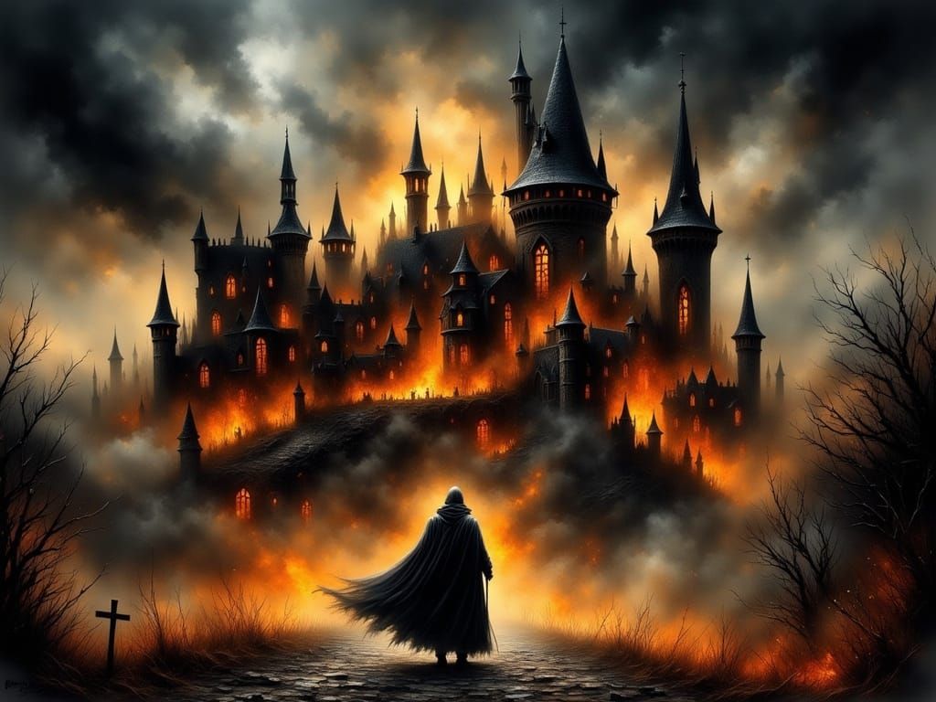 Flaming Gothic Castle with Cloaked Figure