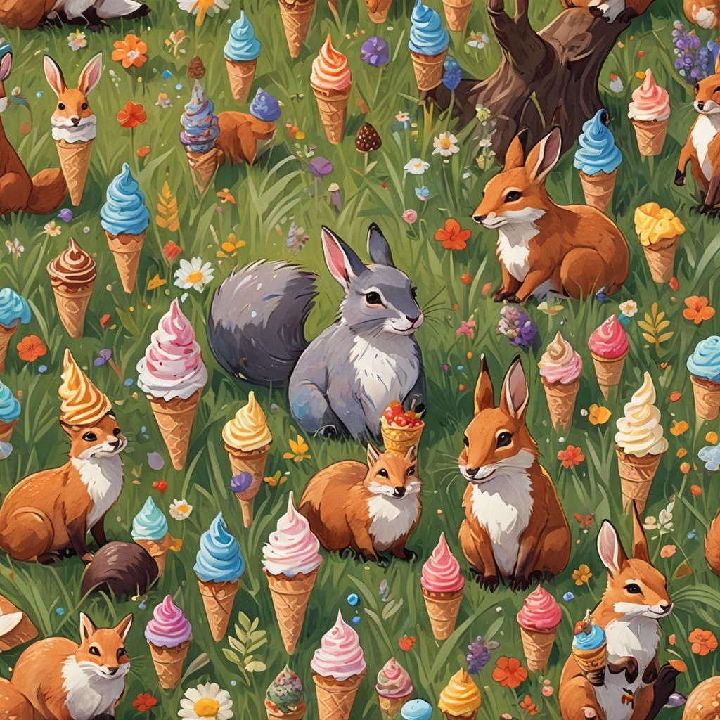Whimsical Animals Enjoying Ice Cream, in Painterly Style