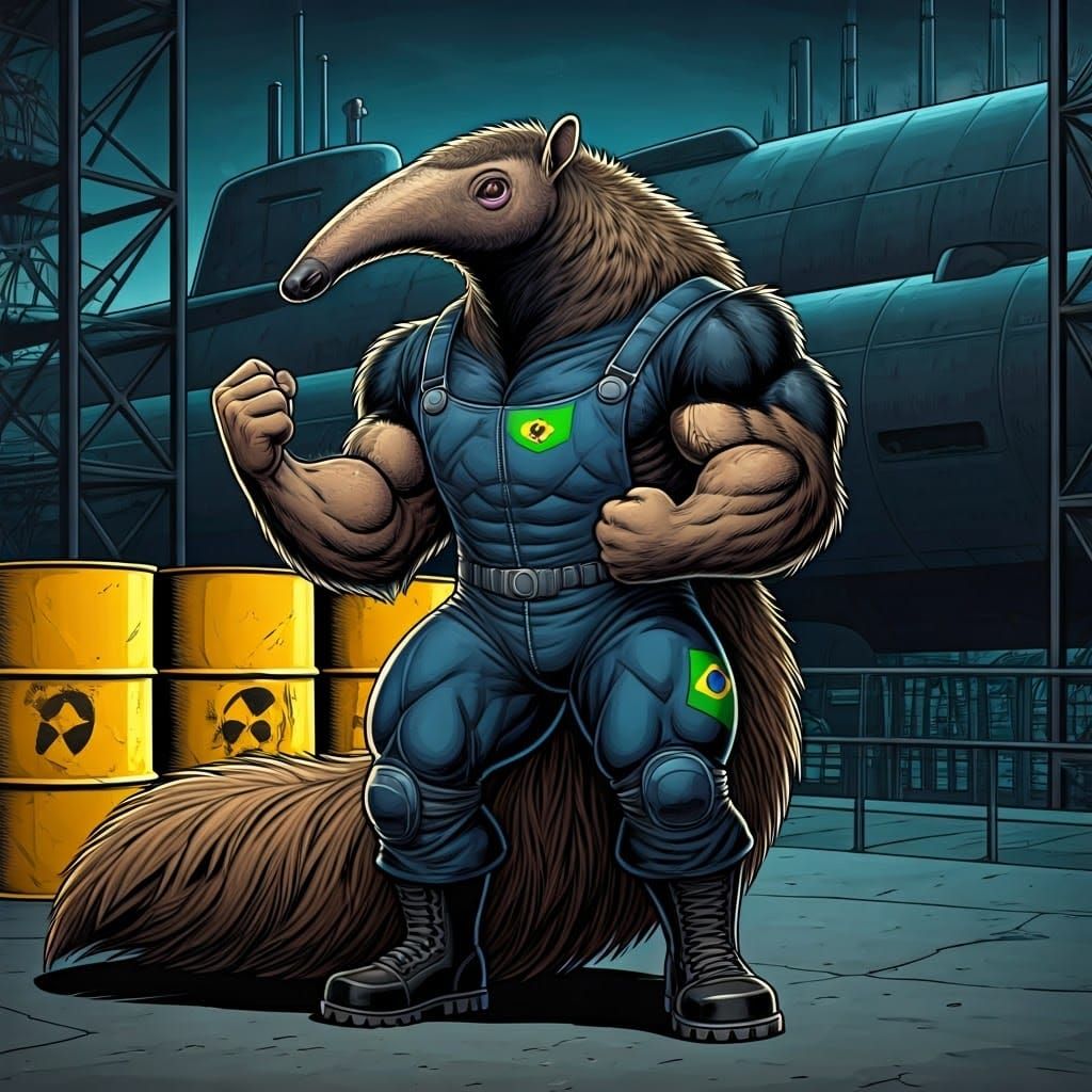Muscular Anteater near Radioactive Barrels: Comic Book Style