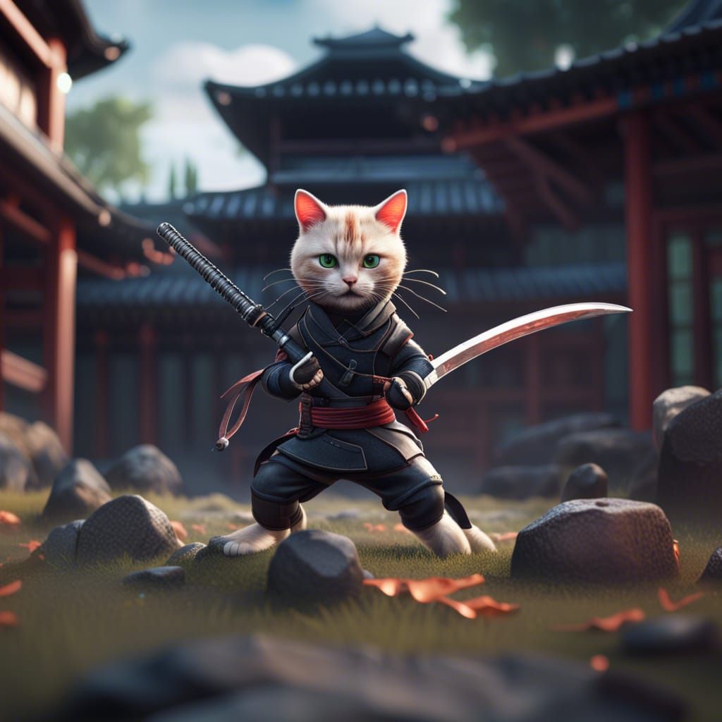 Ninja Cat Training in Hyperrealistic Anime Style
