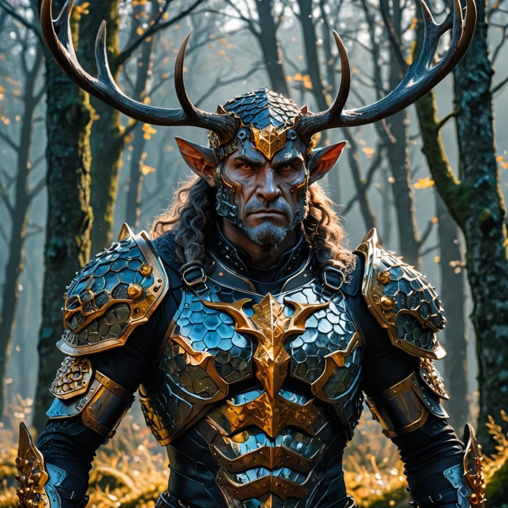 Muscular Firbolg with Deer Antlers in Honeycomb Armor