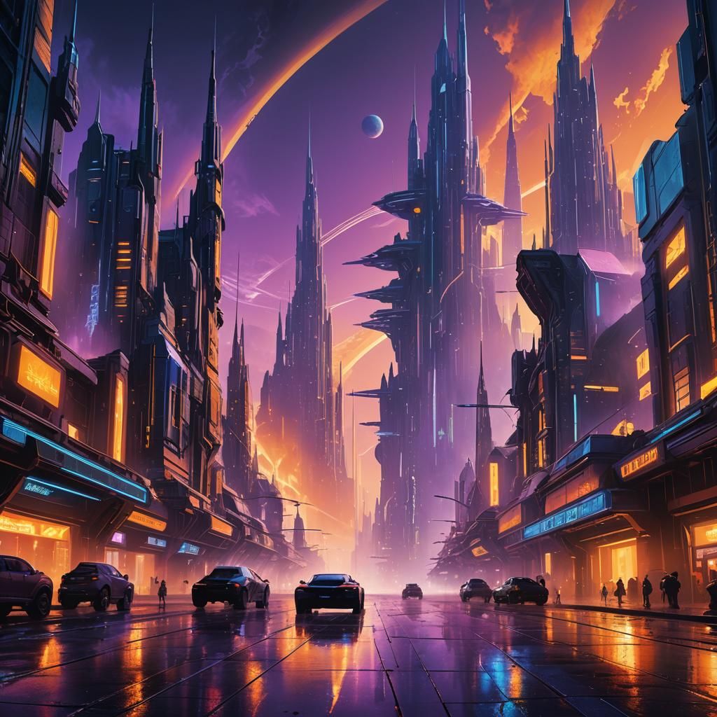 Futuristic Cityscape on Alien Planet in Cyberpunk Style