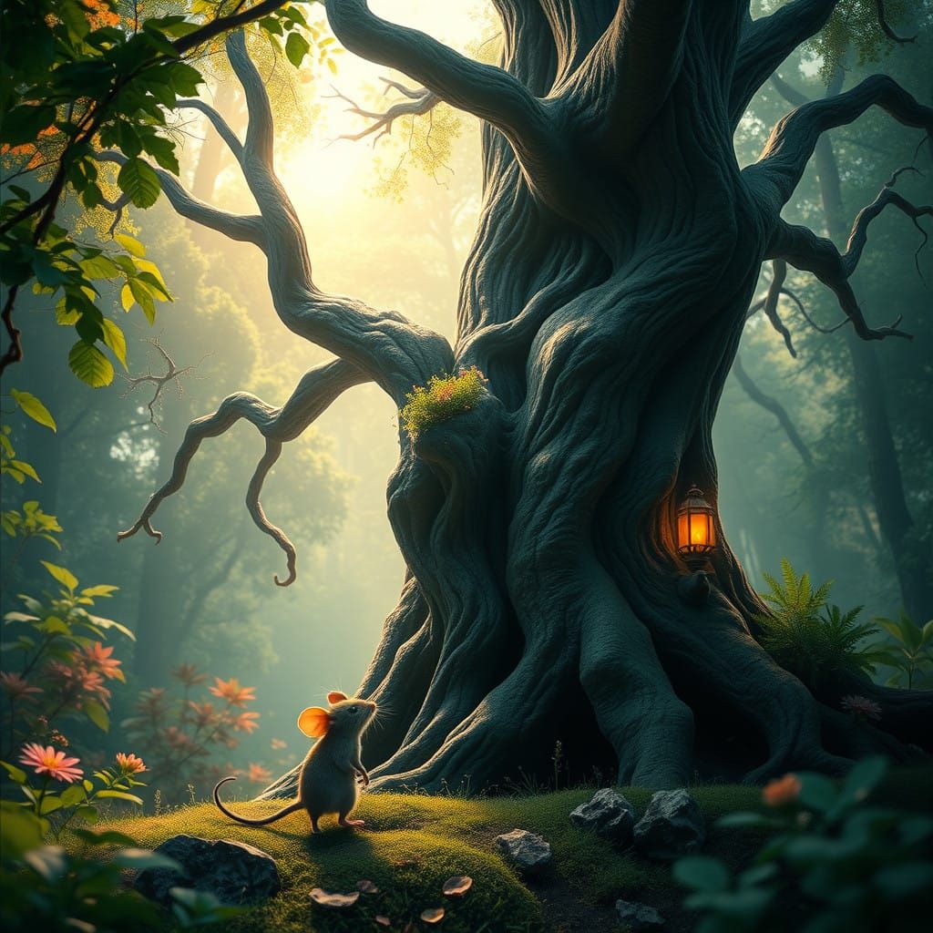 Whimsical Mouse Meets Ancient Tree in Vibrant Forest