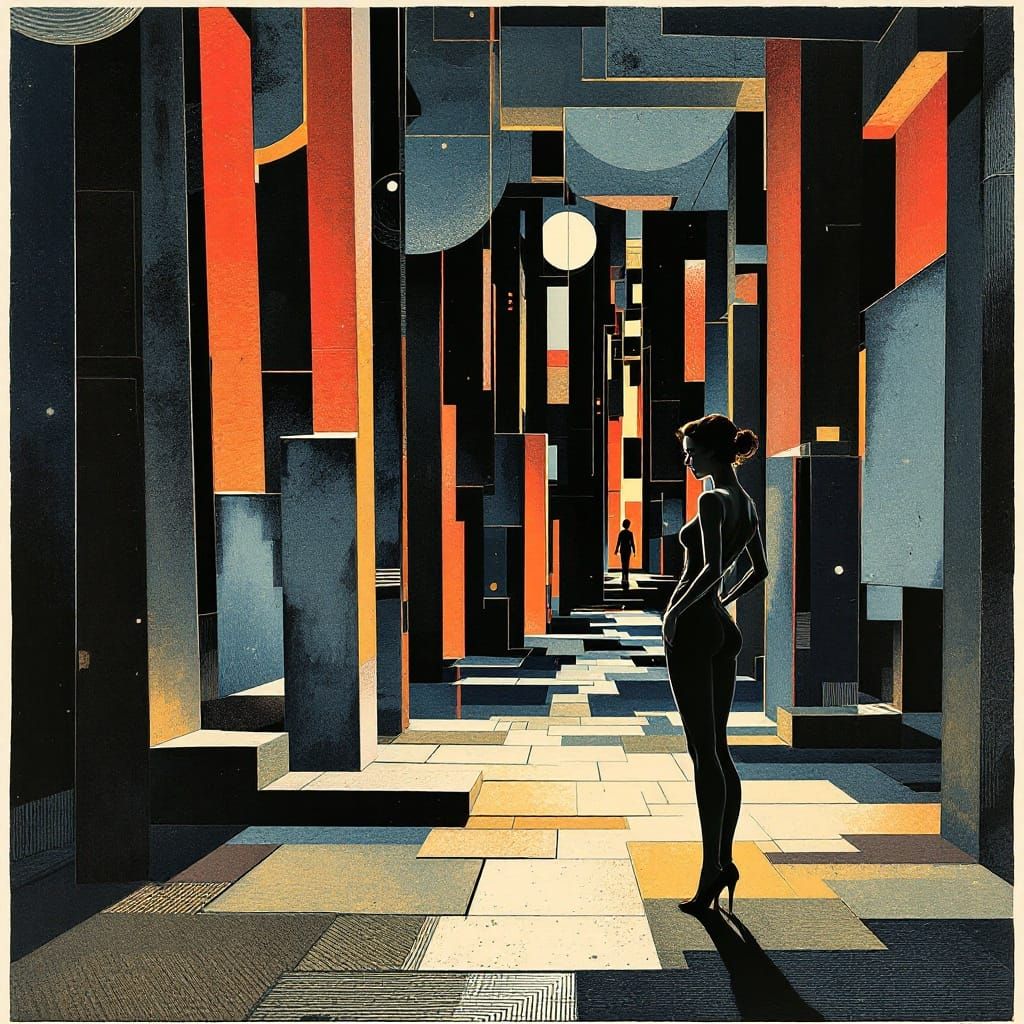 Pin-Up in Cubist Woodblock Style with Luminous Light