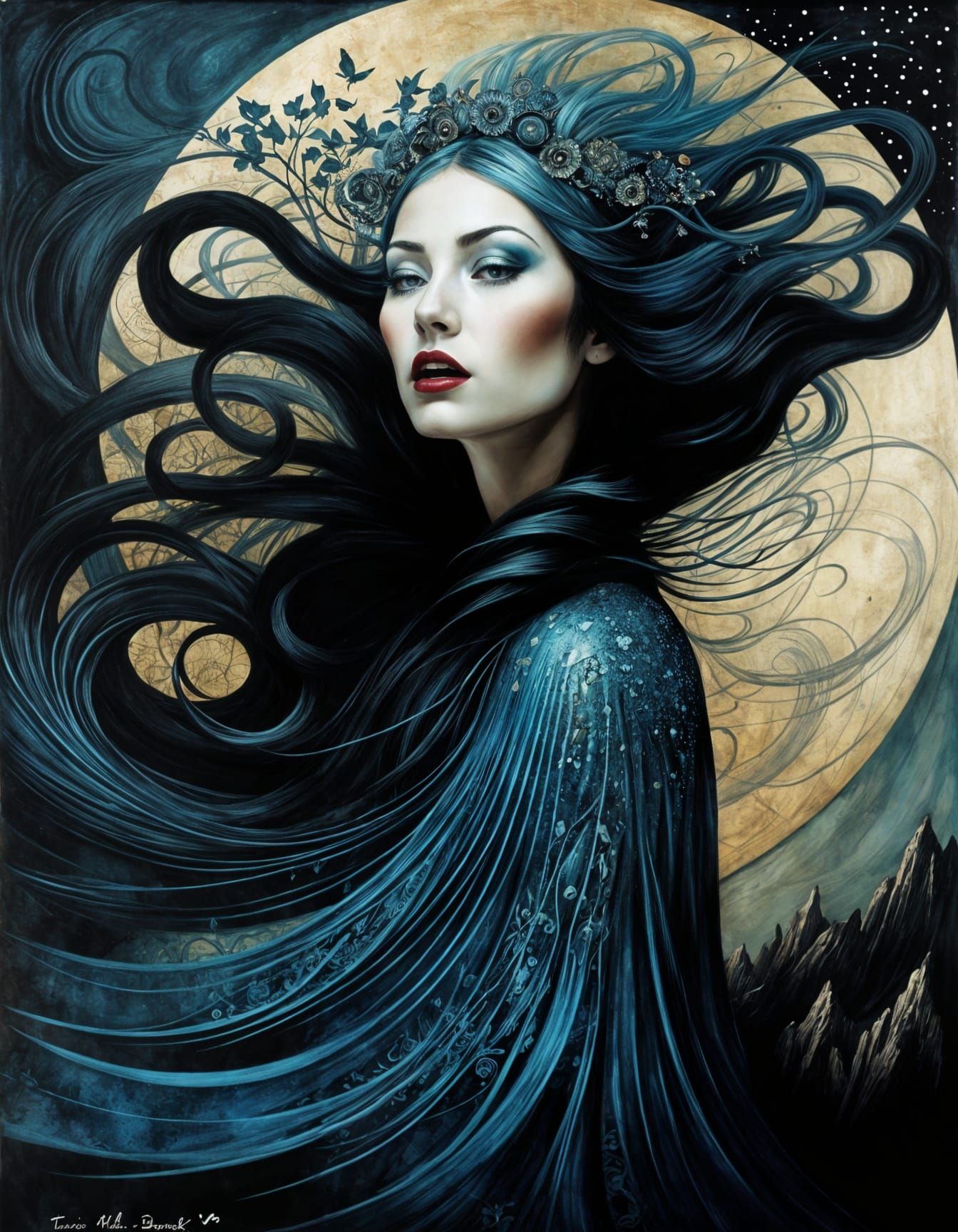 Screaming Banshee at Midnight: Ink and Brush Illustration