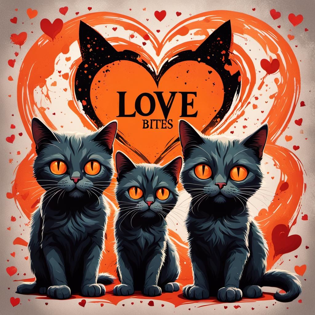 Horror Valentine Card with Cats and 'Love Bites'