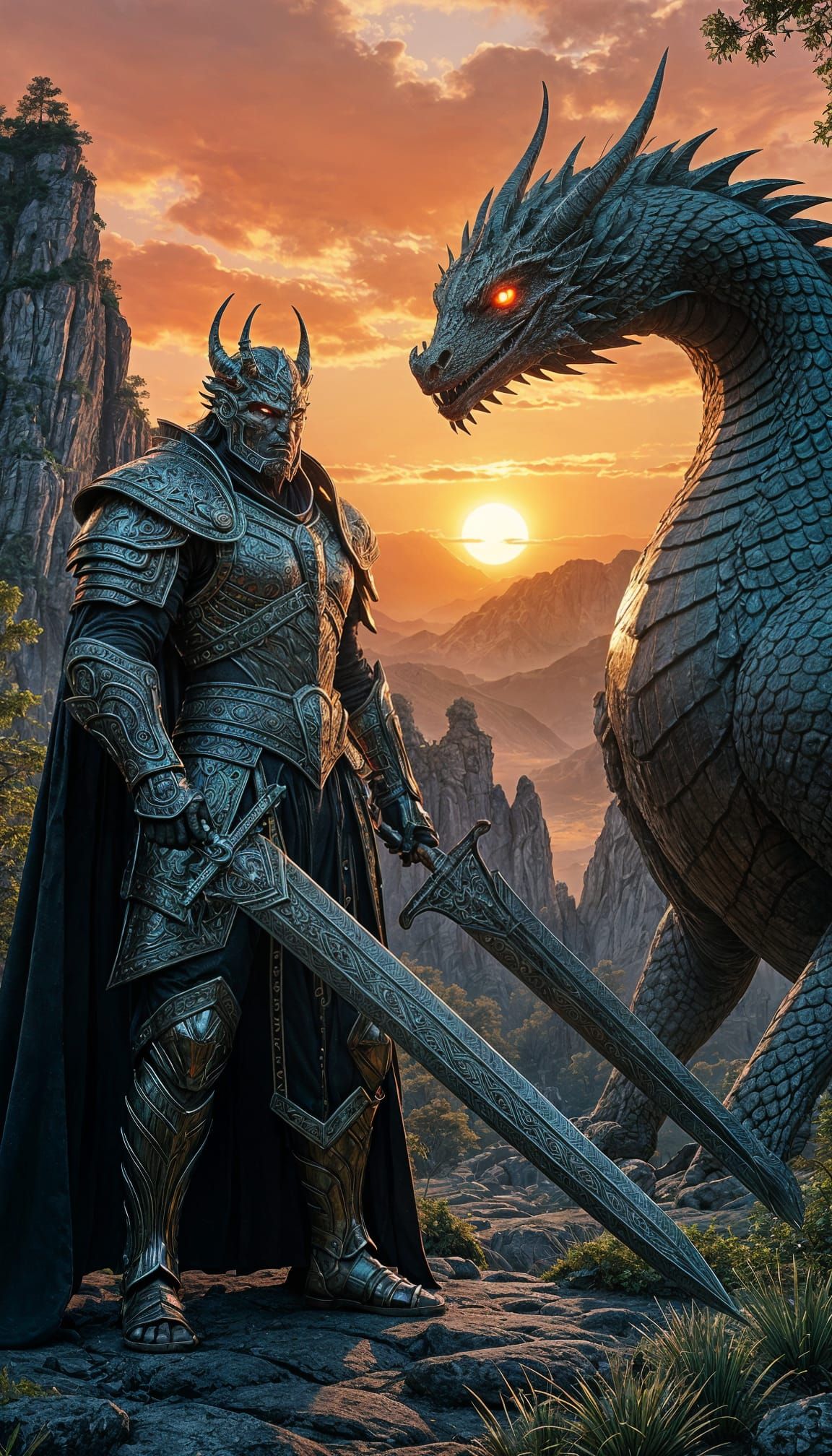 Futuristic Ogre King and Colossal Dragon at Sunrise