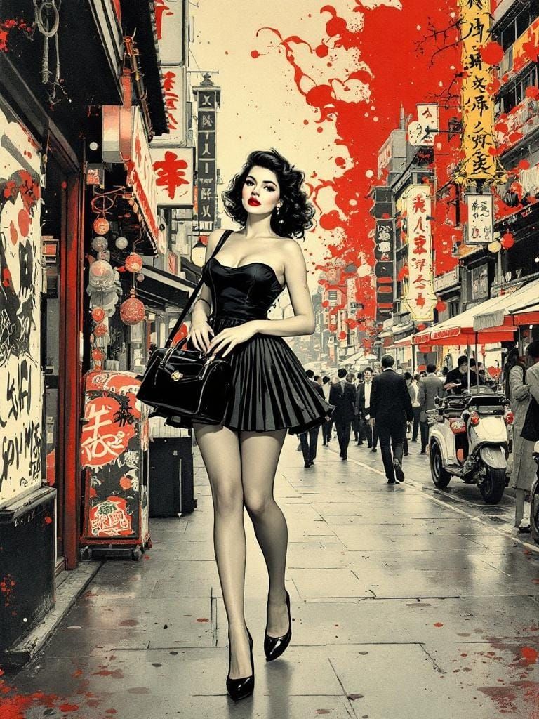 Curvy Pin-Up in Ukiyo-e and Steadman Style