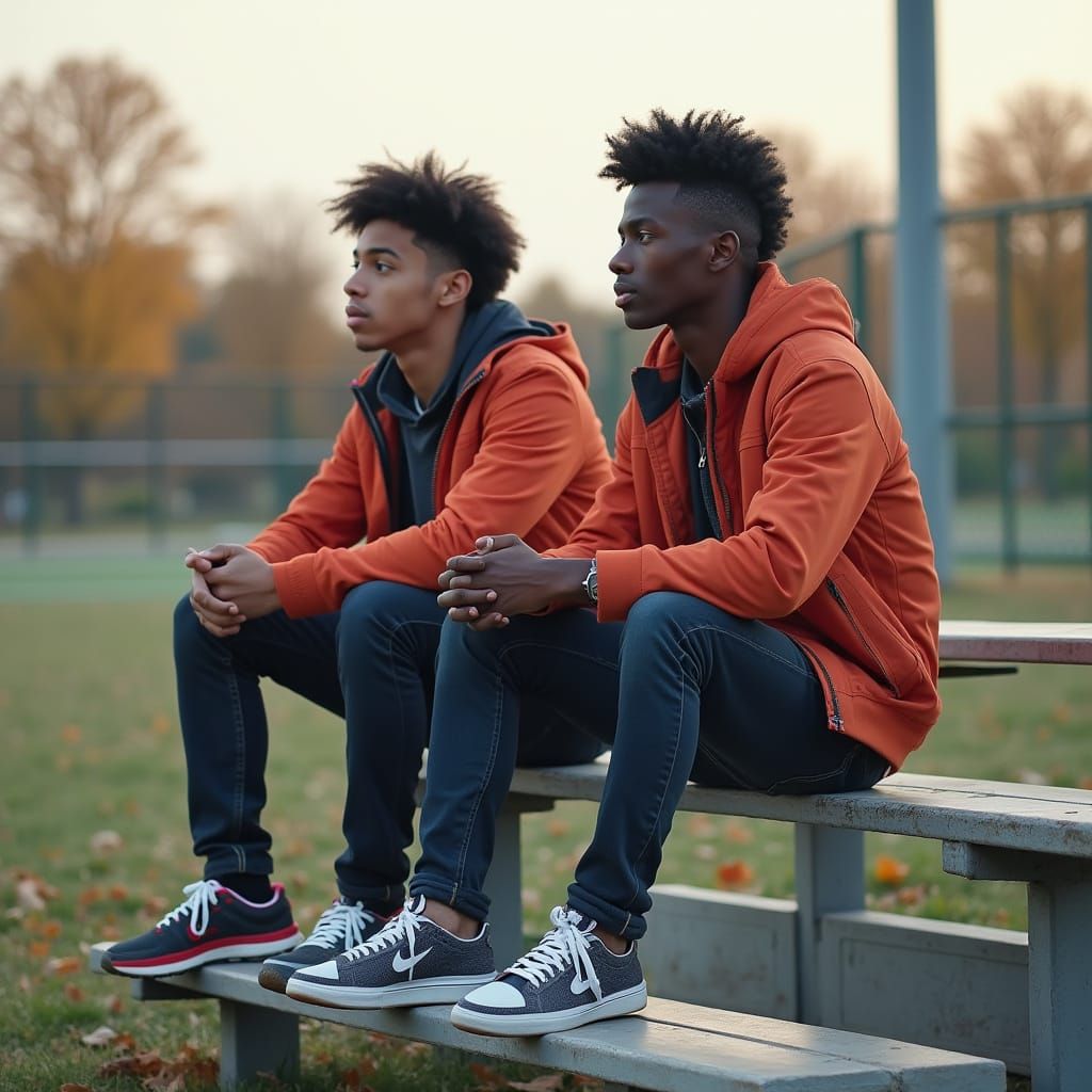 Realistic Photo of Young Men on Bleachers in Autumn