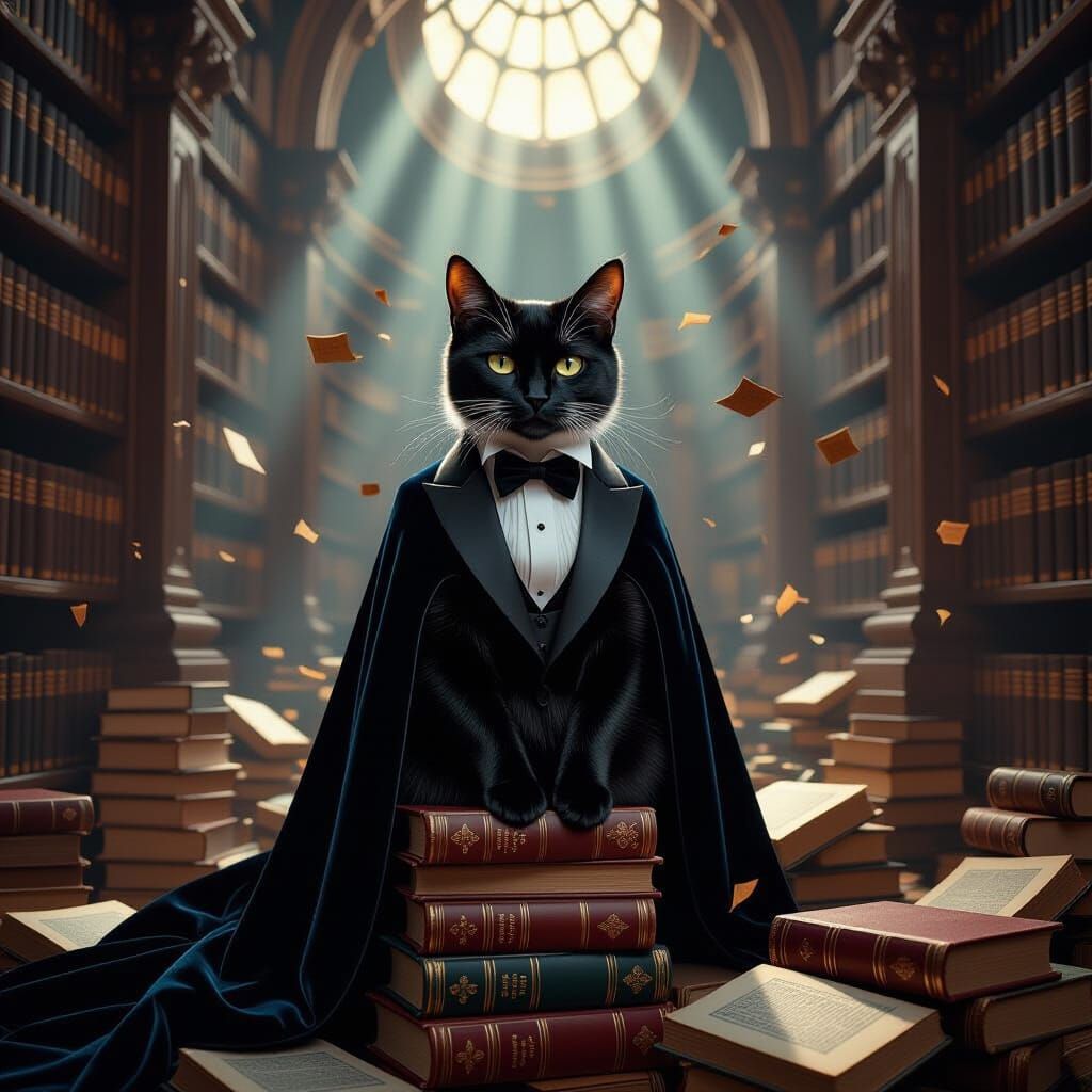 Regal Tuxedo Cat in Velvet Tuxedo on Dusty Tomes