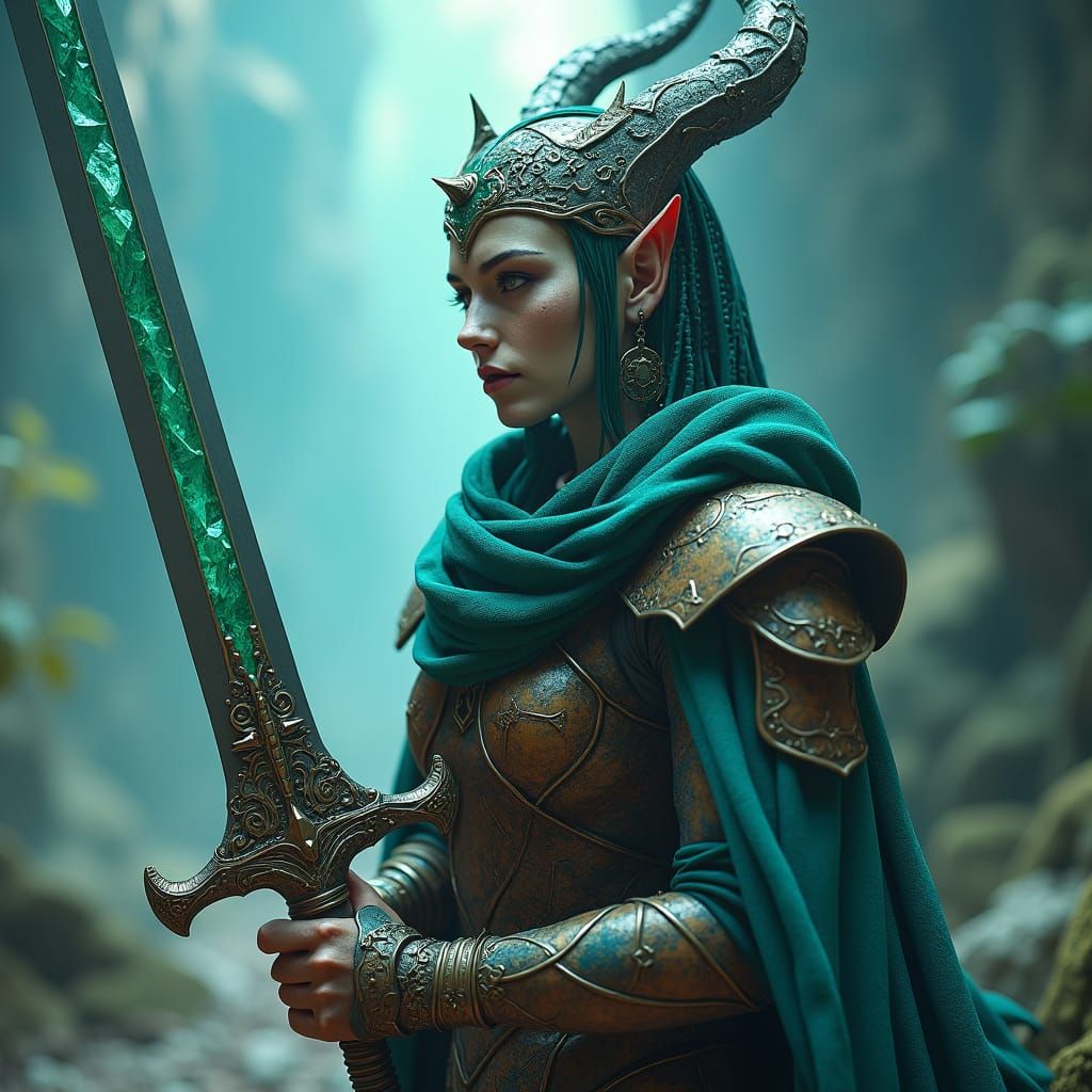 Earth Genasi Warrior with Crystalline Longsword