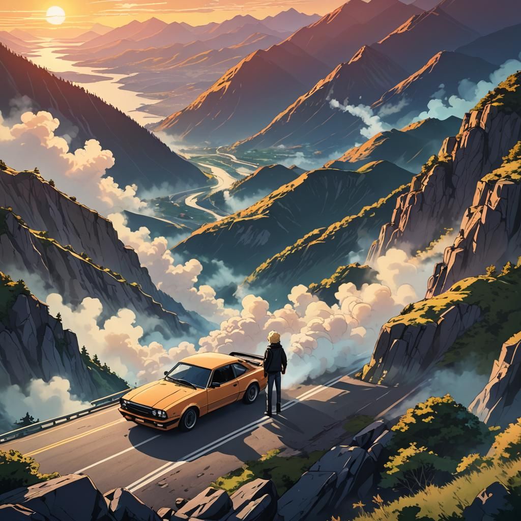 Lofi Boy with Drift Car in Anime Style
