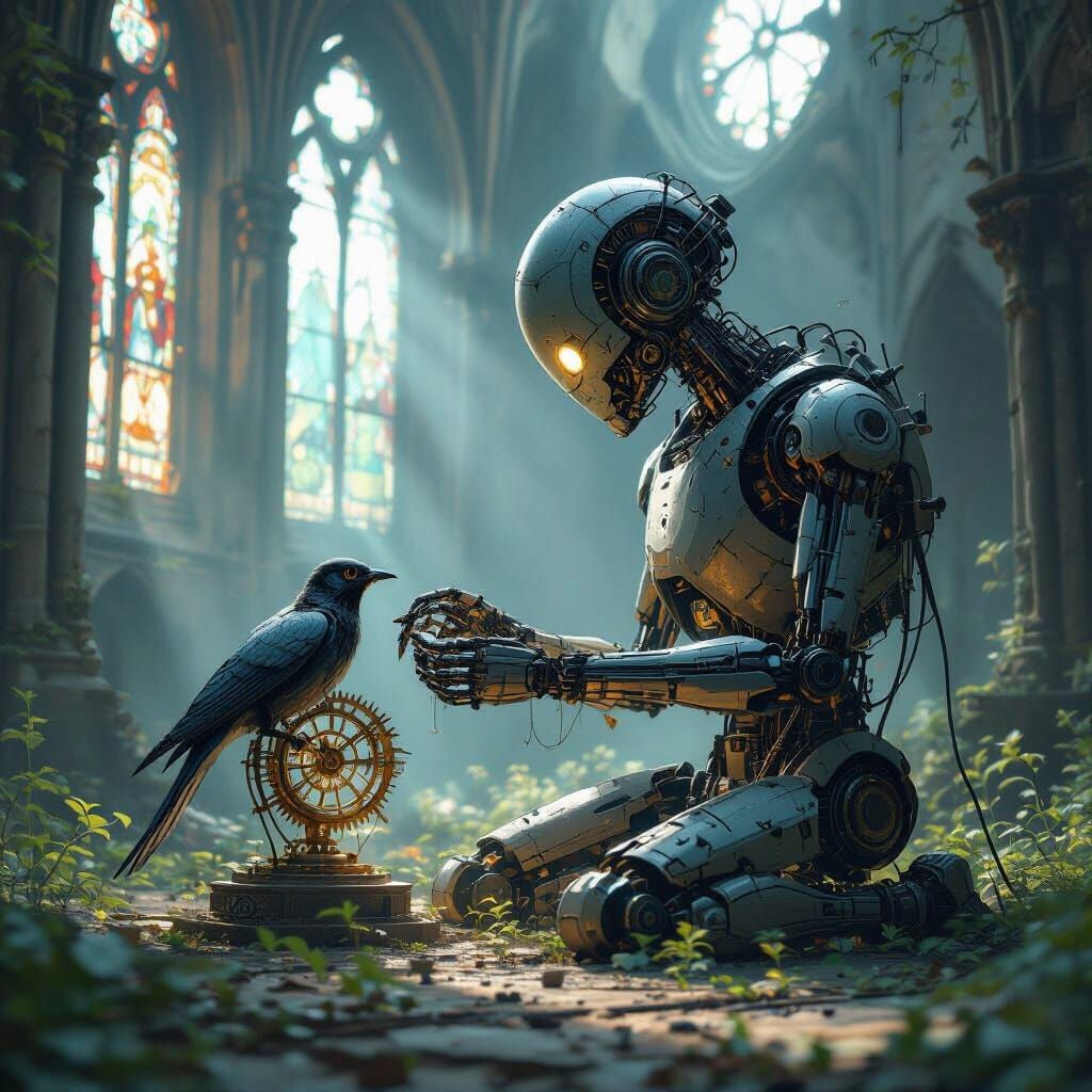 Robot Builds Clockwork Bird in Gothic Cathedral