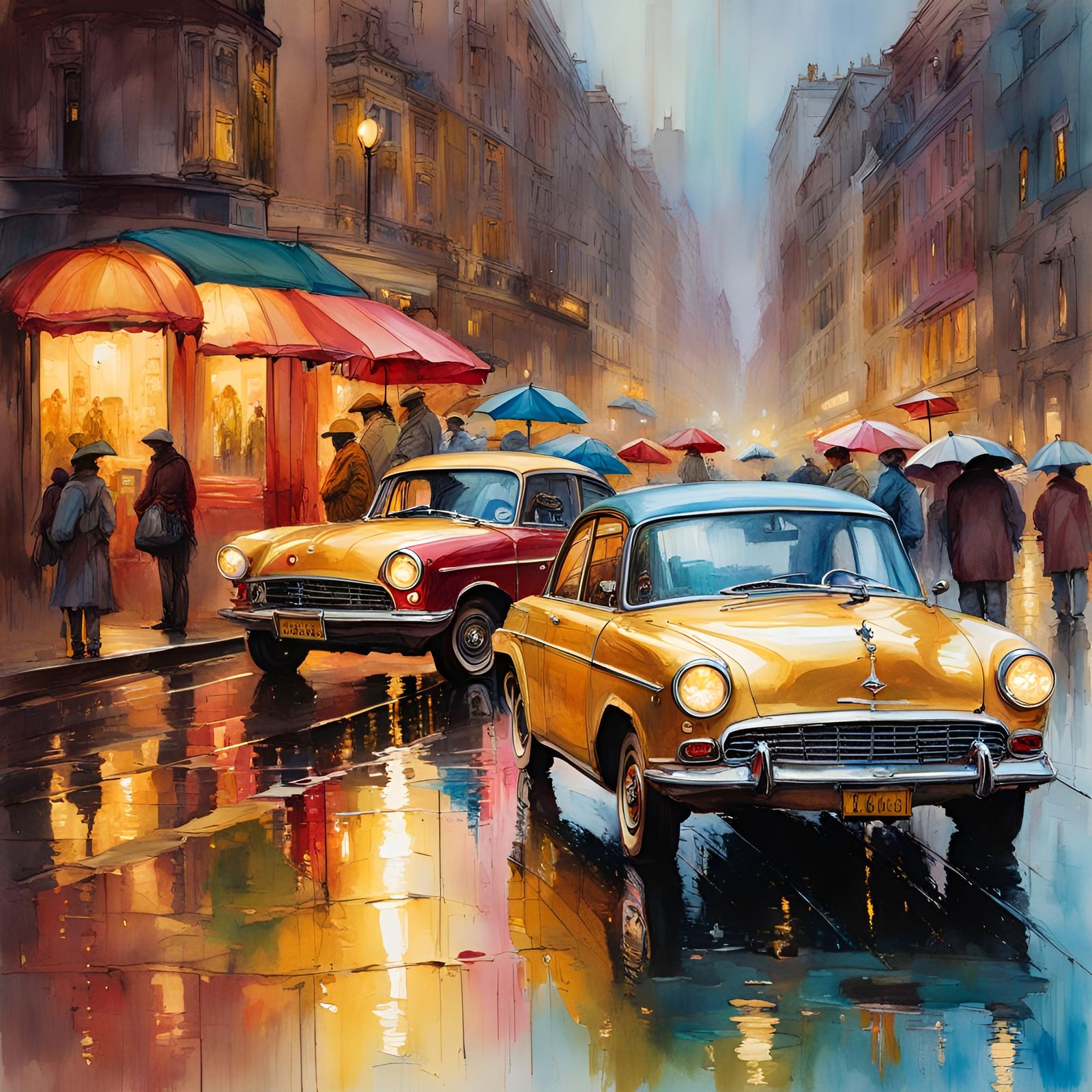 Rainy City Reflections in Watercolor Style