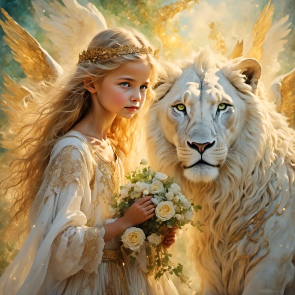 Black-Haired Angel Watching Over Children, Watercolor Style