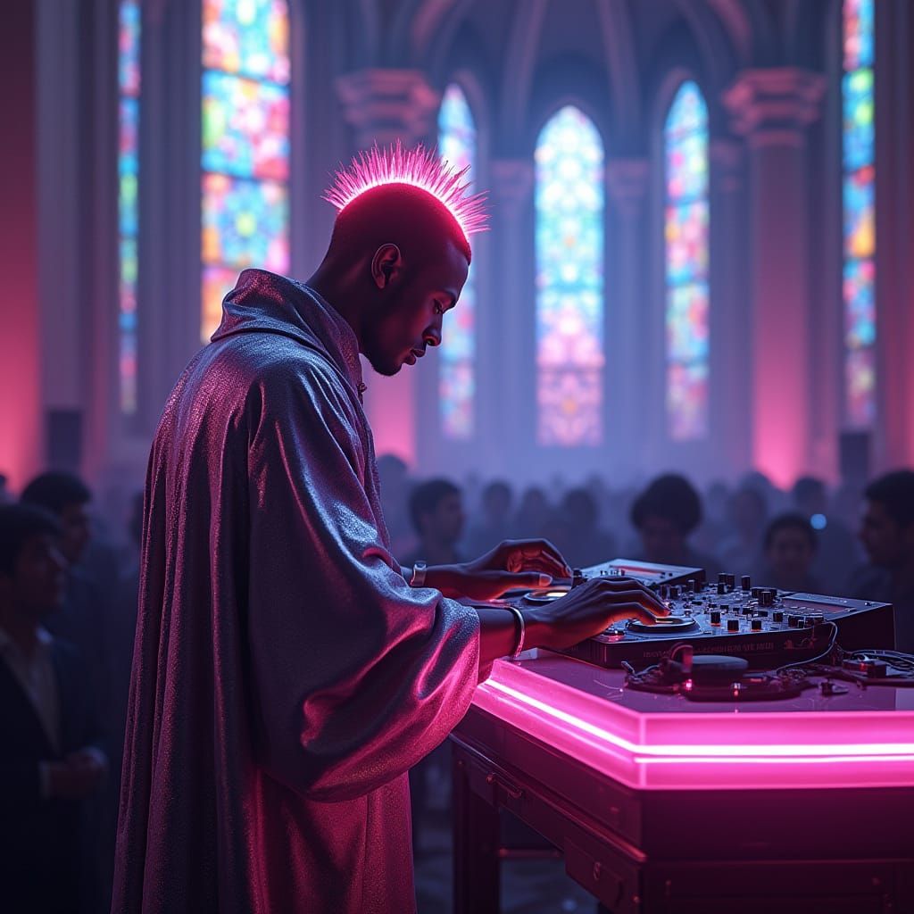 Cyberpunk Pope Celebrates in Neon Cathedral