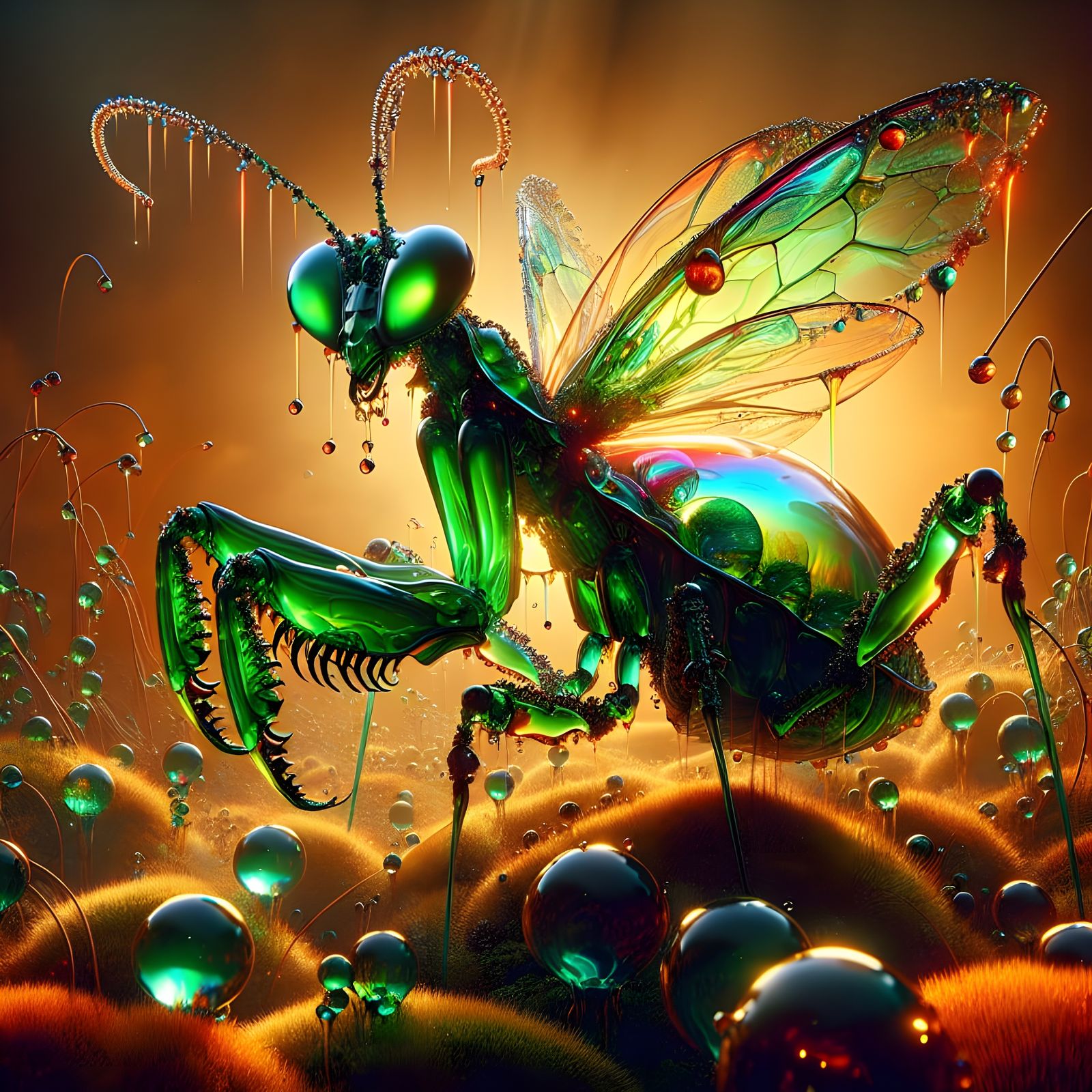 Emerald Glass Mantis-Beetle Entity in Sunset Glow