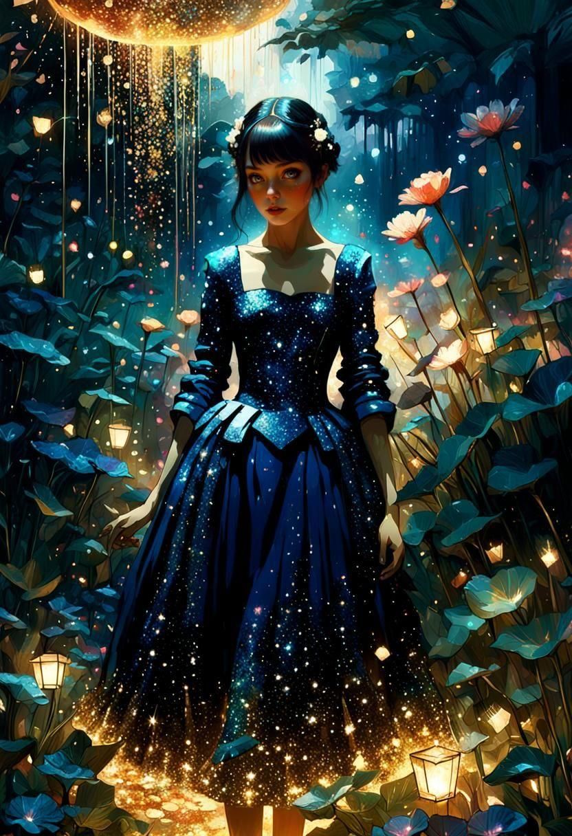 Glittering Midnight Garden in Mixed Media Collage